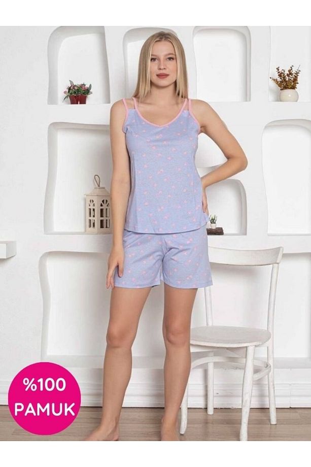 Kadın Kalp Desen Askılı %100 Pamuk Mini Şortlu Pijama Takımı - 1