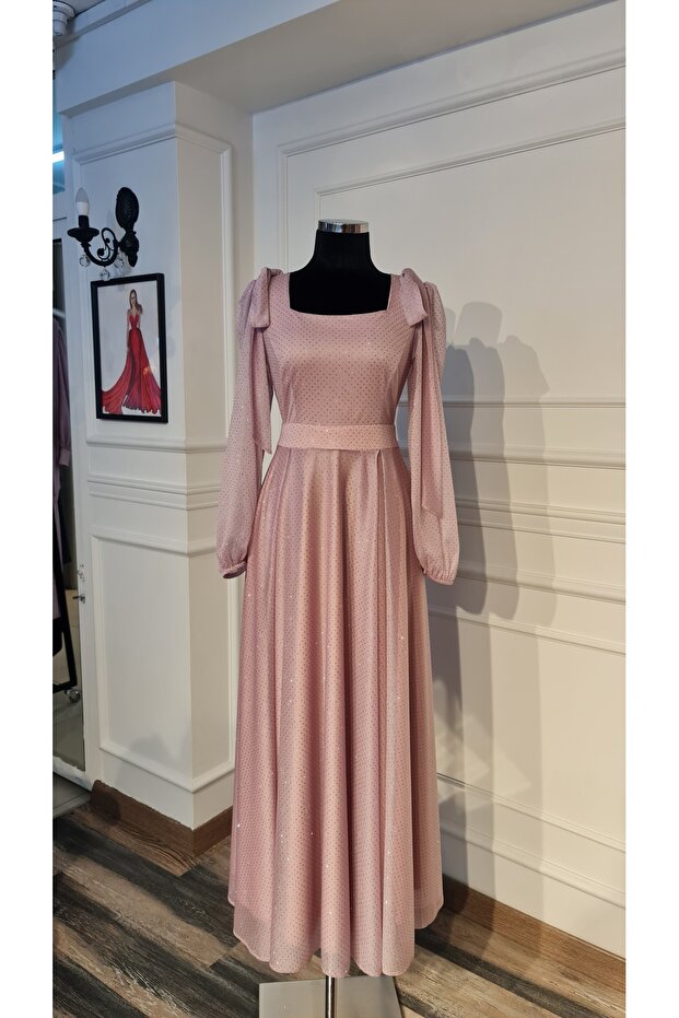 Pembe Simli Kumaştan ,Prenses Kesim,Söz Nişan Elbisesi - 3