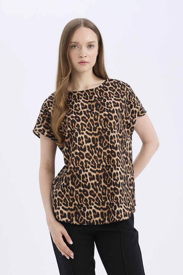 Regular Fit Leopar Desenli Bisiklet Yaka Kısa Kollu Bluz E7038ax25sp - 4