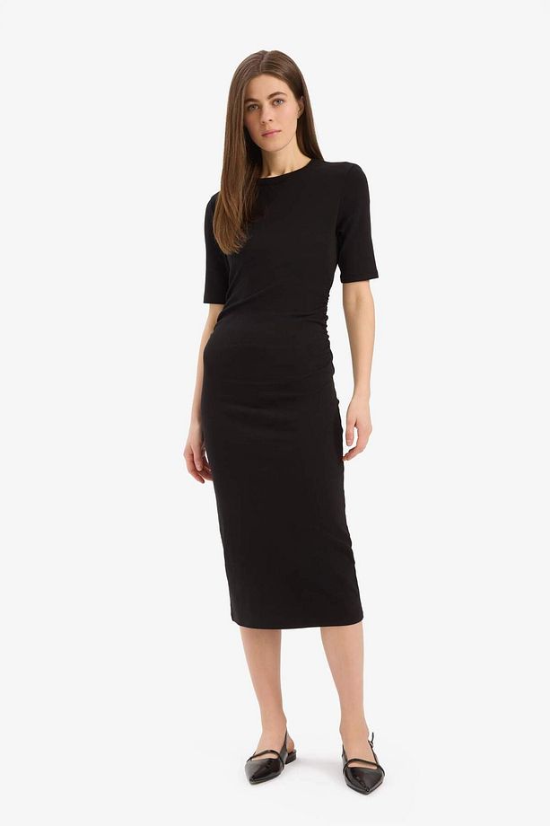 Bodycon Vücudu Saran Bisiklet Yaka Basic Düz Ribana Kısa Kollu Midi Elbise E6003ax25sp - 3