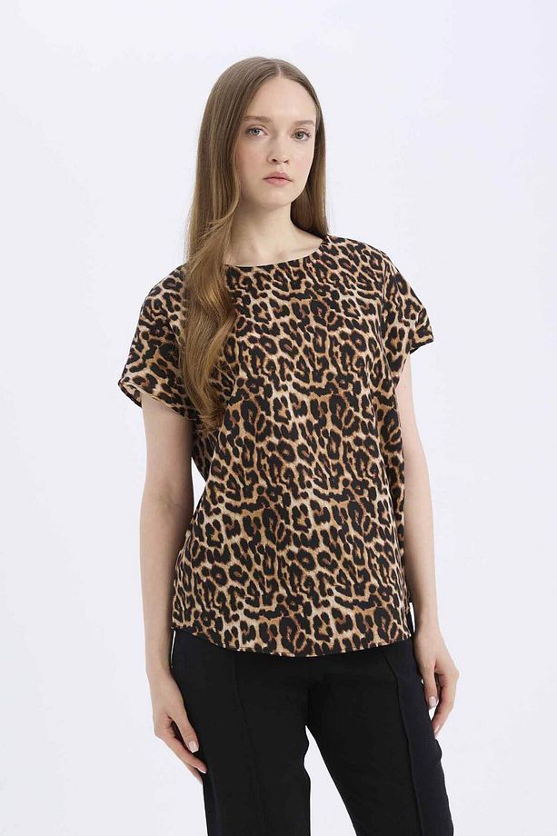 Regular Fit Leopar Desenli Bisiklet Yaka Kısa Kollu Bluz E7038ax25sp - 3