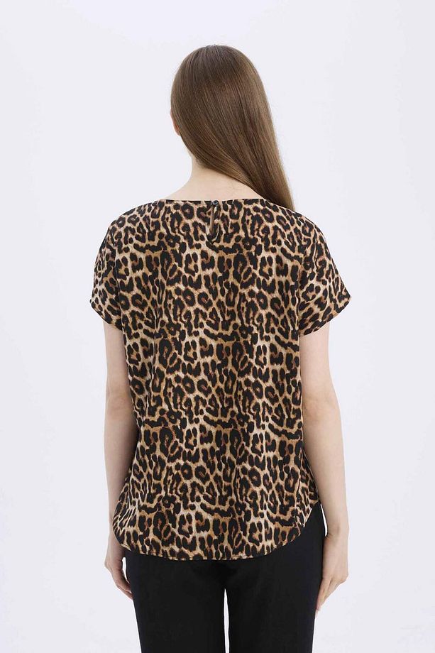 Regular Fit Leopar Desenli Bisiklet Yaka Kısa Kollu Bluz E7038ax25sp - 6