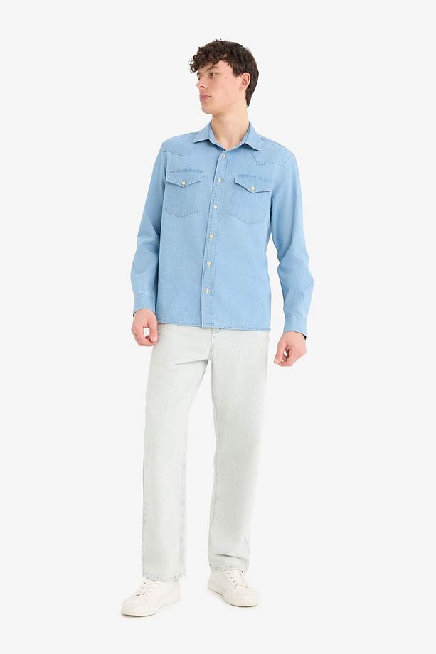 %100 Pamuk Regular Fit Jean Uzun Kollu Ince Kumaş Gömlek E5716ax25sp - 2