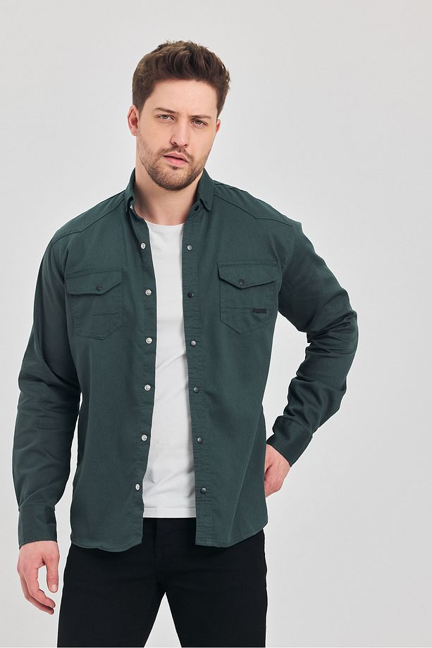 Slim Fit Erkek Kot Gömlek Nefti - 1