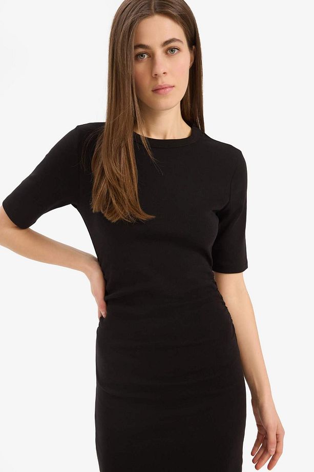 Bodycon Vücudu Saran Bisiklet Yaka Basic Düz Ribana Kısa Kollu Midi Elbise E6003ax25sp - 5