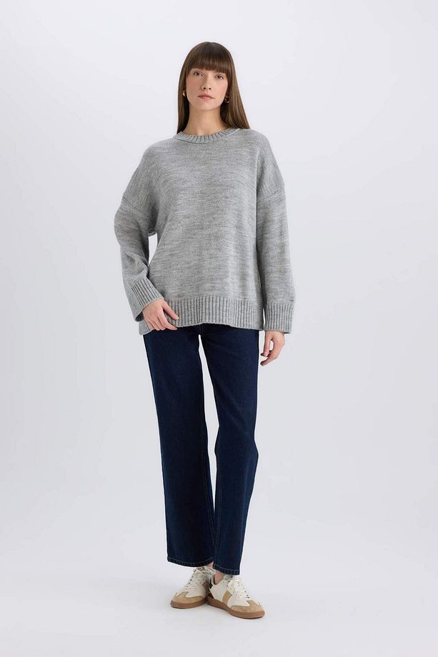 Oversize Geniş Kalıp Bisiklet Yaka Basic Düz Triko Kazak D0036AX25SP - 2