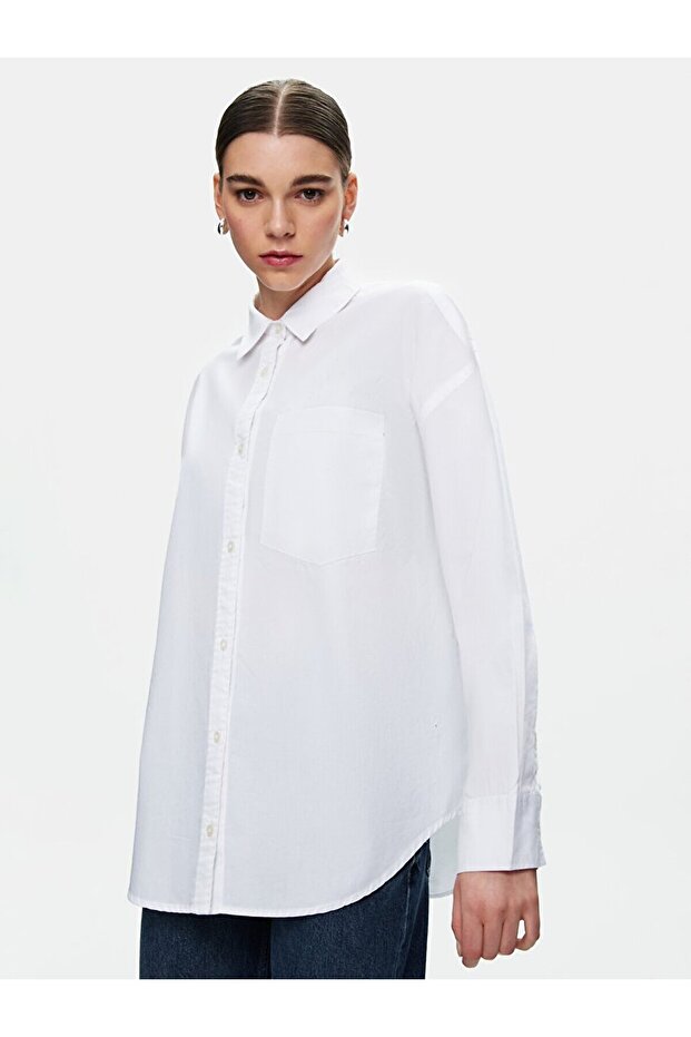 Basıc Poplin Uzun Kollu Beyaz Gömlek - 2