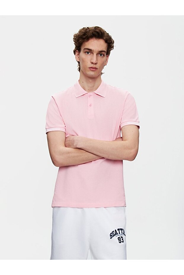 Kısa Kollu Polo Yaka Basıc Regular Pembe T-shırt - 2