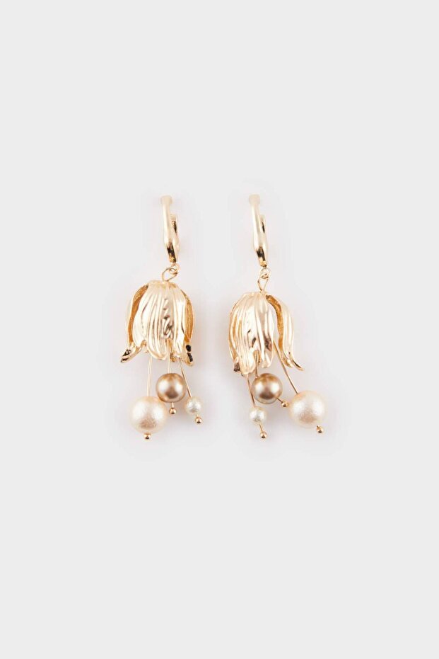 Women's Flower Motif Pearl Gold Earrings E8034Axns