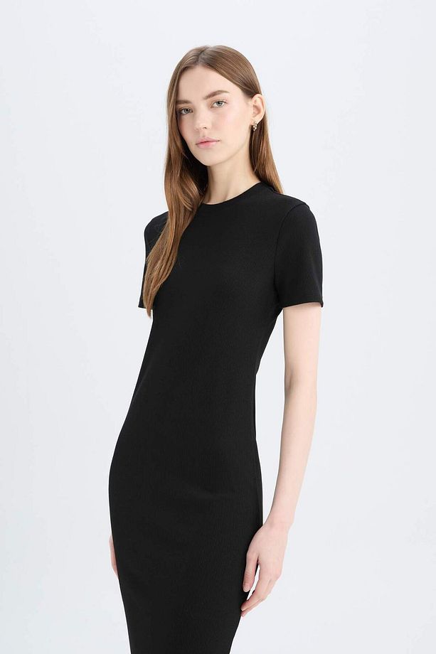 Bodycon Vücudu Saran Bisiklet Yaka Basic Düz Fitilli Kaşkorse Kısa Kollu Midi Elbise E6926ax25sp - 3