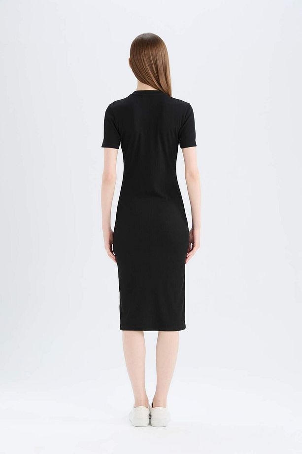 Bodycon Vücudu Saran Bisiklet Yaka Basic Düz Fitilli Kaşkorse Kısa Kollu Midi Elbise E6926ax25sp - 6