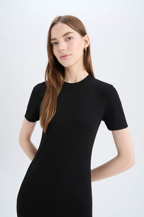 Bodycon Vücudu Saran Bisiklet Yaka Basic Düz Fitilli Kaşkorse Kısa Kollu Midi Elbise E6926ax25sp - 4