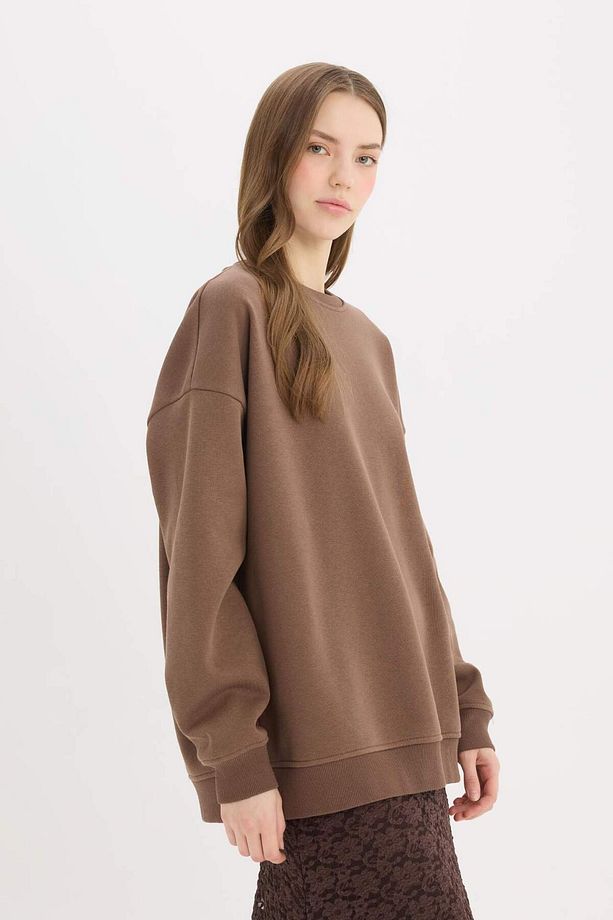 Oversize Geniş Kalıp Bisiklet Yaka Basic Düz Kalın Sweatshirt Y1346az25sp - 3