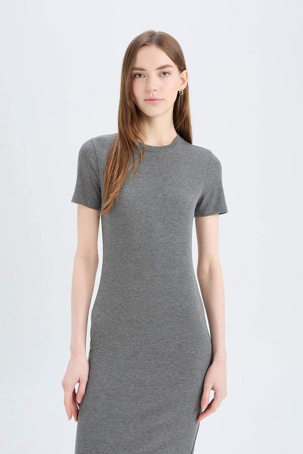 Bodycon Vücudu Saran Bisiklet Yaka Basic Düz Fitilli Kaşkorse Kısa Kollu Midi Elbise E6926ax25sp - 3