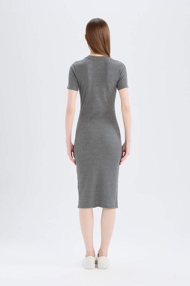 Bodycon Vücudu Saran Bisiklet Yaka Basic Düz Fitilli Kaşkorse Kısa Kollu Midi Elbise E6926ax25sp - 6