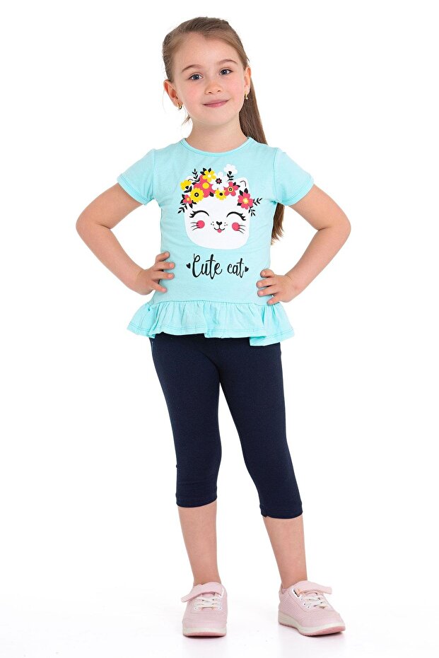 Crew Neck Cat Printed Mint Color Girls' Tights Set