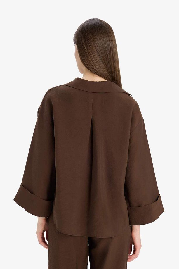 Loose Fit Apaşk Yaka Basic Düz Uzun Kollu Gömlek E9007ax25sp - 5