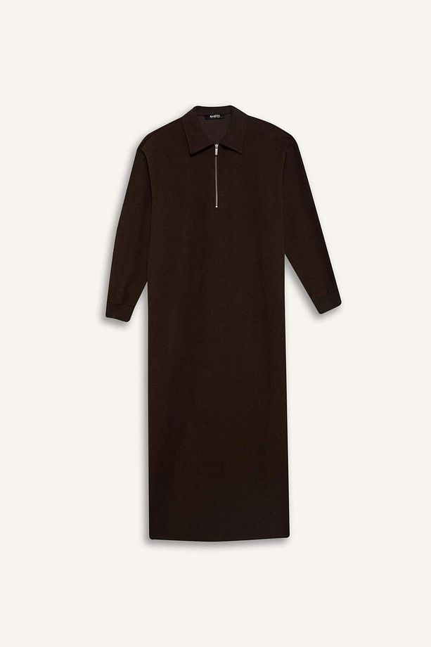 Loose Fit Fermuarlı Polo Yaka Selanik Kumaş Basic Düz Uzun Kollu Midi Elbise F1640ax25sp - 6