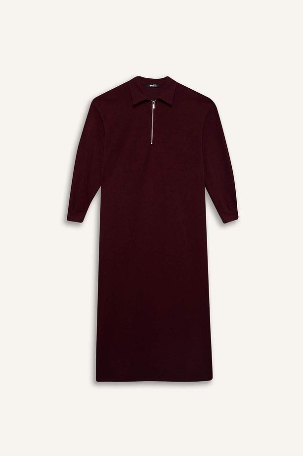 Loose Fit Fermuarlı Polo Yaka Selanik Kumaş Basic Düz Uzun Kollu Midi Elbise F1640ax25sp - 6