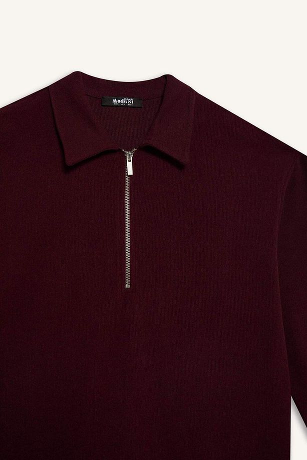 Loose Fit Fermuarlı Polo Yaka Selanik Kumaş Basic Düz Uzun Kollu Midi Elbise F1640ax25sp - 7