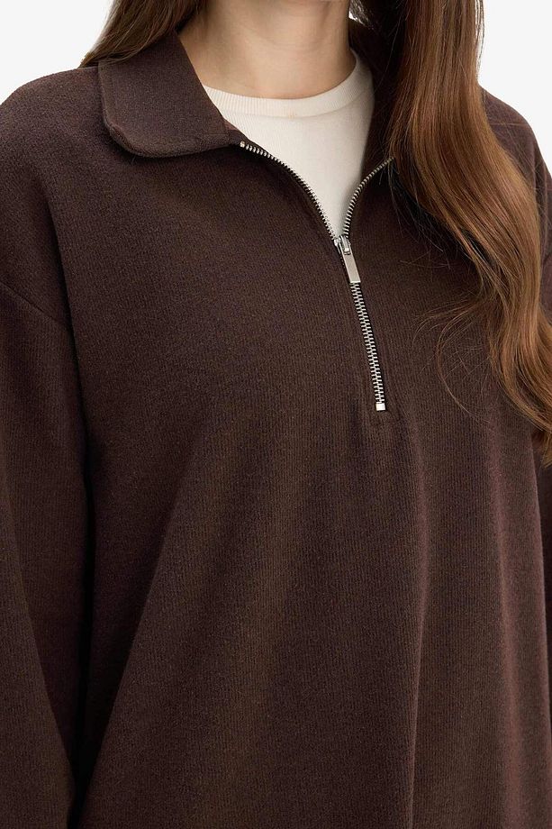 Loose Fit Fermuarlı Polo Yaka Selanik Kumaş Basic Düz Uzun Kollu Midi Elbise F1640ax25sp - 4