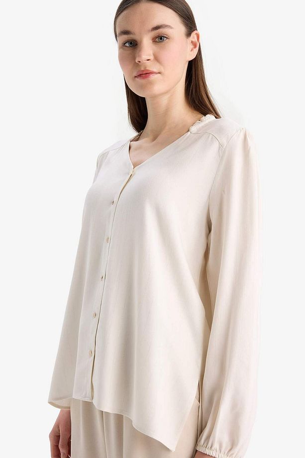 Regular Fit Bisiklet Yaka Simli Kumaş Uzun Kollu Gömlek F0226ax25sp - 4