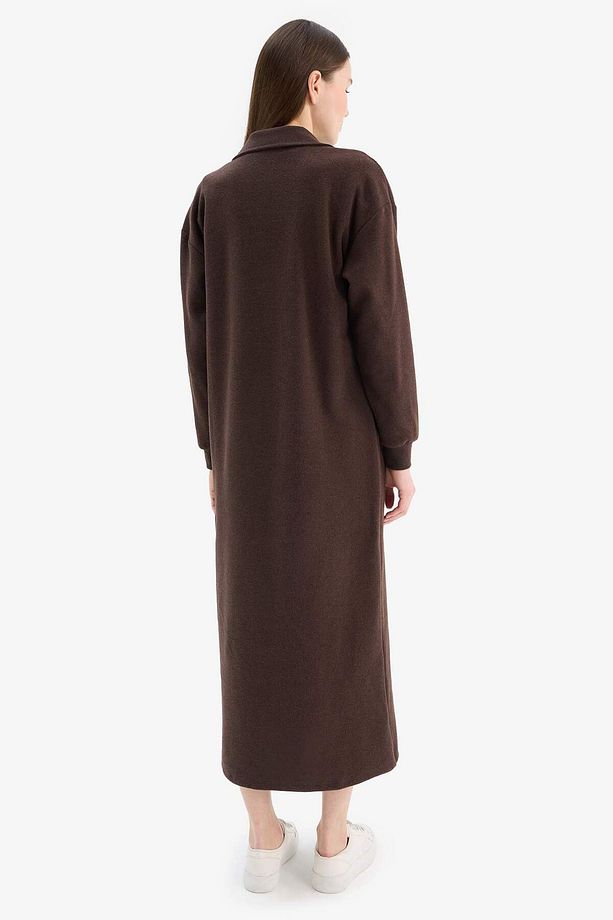 Loose Fit Fermuarlı Polo Yaka Selanik Kumaş Basic Düz Uzun Kollu Midi Elbise F1640ax25sp - 5