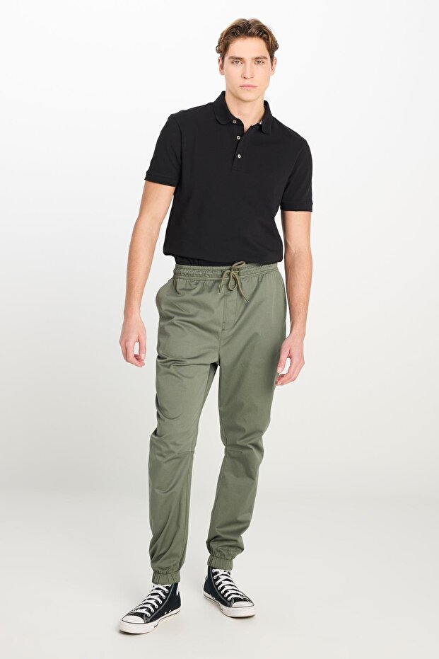 Regular Fit Regular Cut Ribbed Leg Cotton Khaki Jogger Trousers