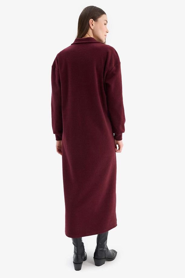 Loose Fit Fermuarlı Polo Yaka Selanik Kumaş Basic Düz Uzun Kollu Midi Elbise F1640ax25sp - 5
