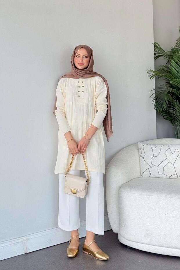 Zebra Pattern Mercerized Tunic Ecru - 4