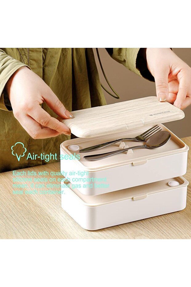 صندوق غداء، حاويات طعام على شكل طبقتين مع أدوات مائدة وملعقة وشوكة وقسم صندوق سلطة - 2