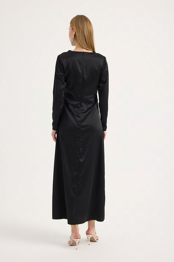 Siyah Saten Drape Elbise - 5