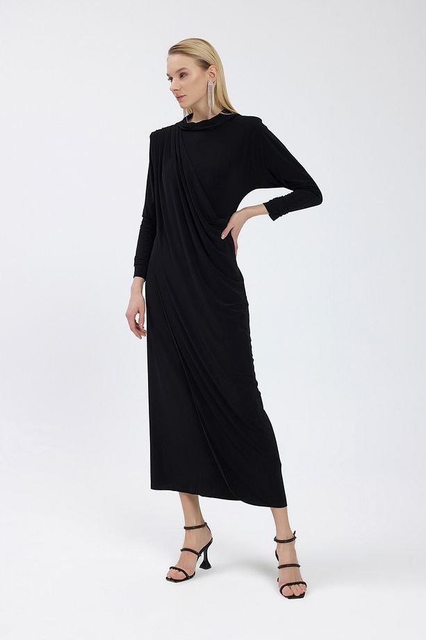 Siyah Drape Detaylı Elbise - 5