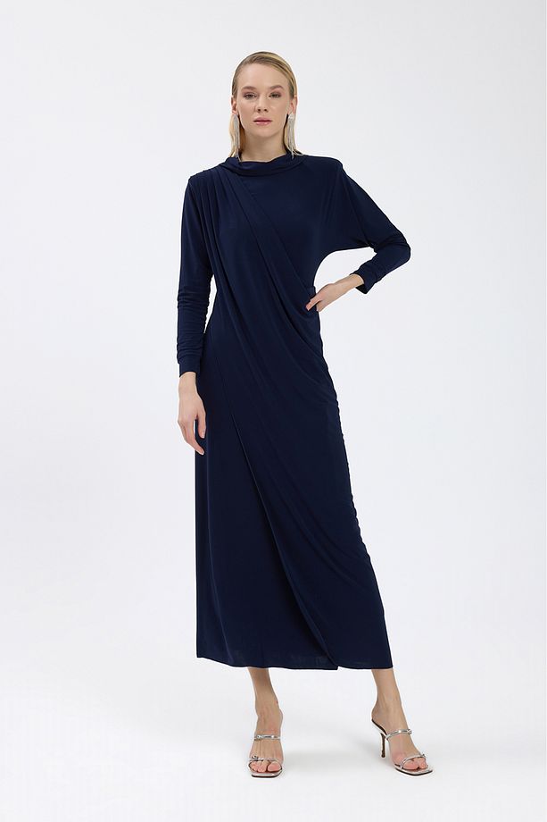 Lacivert Drape Detaylı Elbise - 5