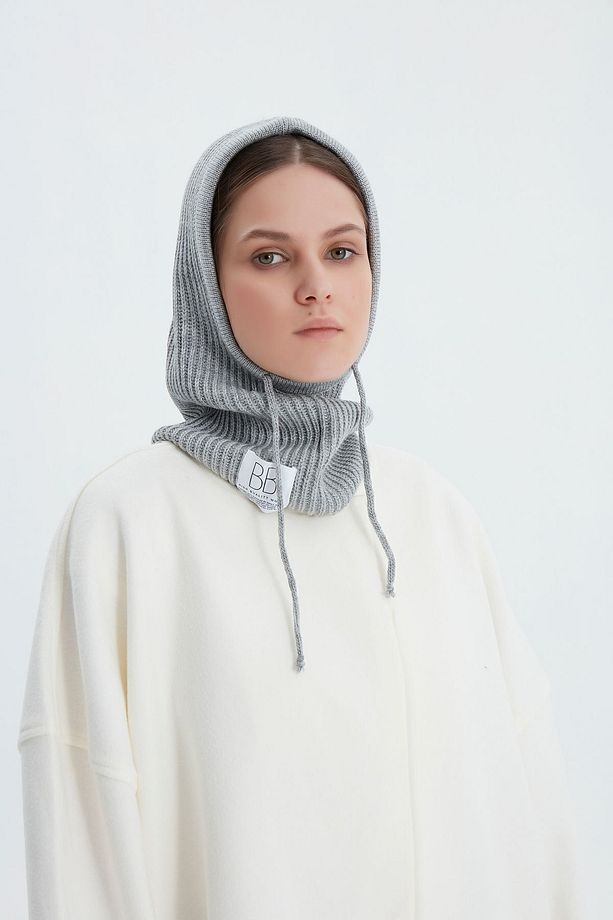 Gri Balaclava Fitilli Triko Örgü Bere Başlık - 3