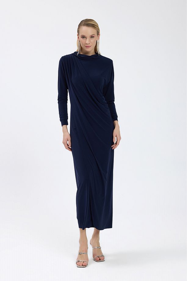 Lacivert Drape Detaylı Elbise - 6