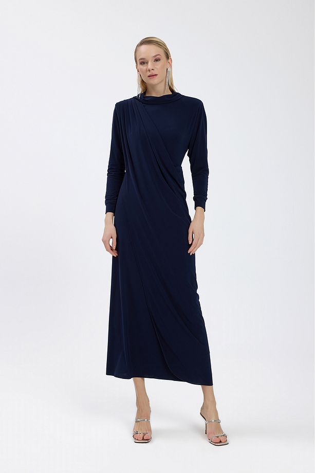 Lacivert Drape Detaylı Elbise - 2