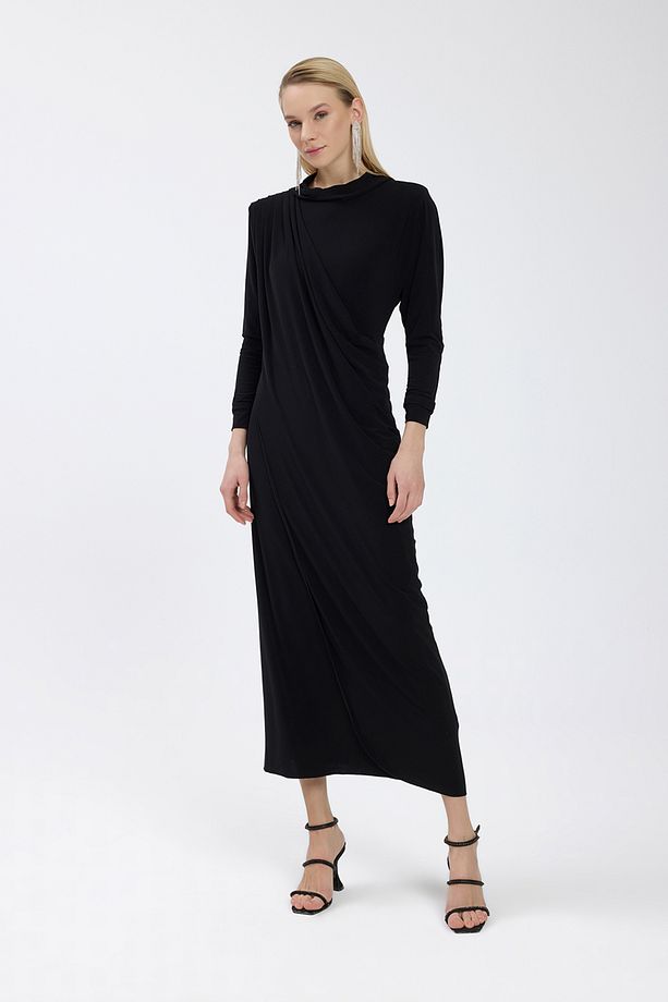 Siyah Drape Detaylı Elbise - 3