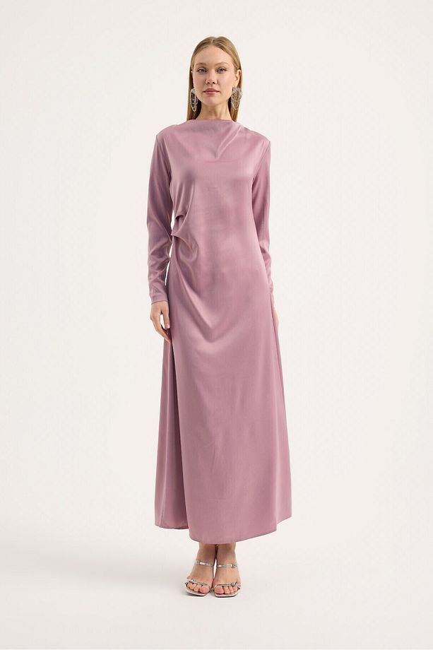 Gül Kurusu Saten Drape Elbise - 1
