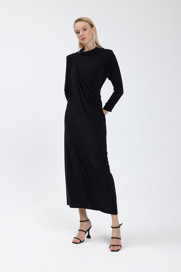Siyah Drape Detaylı Elbise - 4