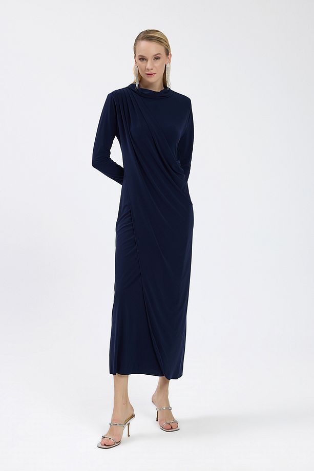 Lacivert Drape Detaylı Elbise - 3