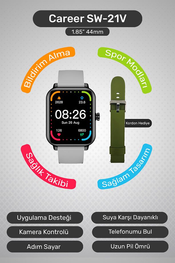 Career Akıllı Saat Bildirim,Sağlık,UykuTakibi,Spor,iOS&Android Uyumlu 44mm IP67 Uzun Pil Ömrü SW-21V - 1