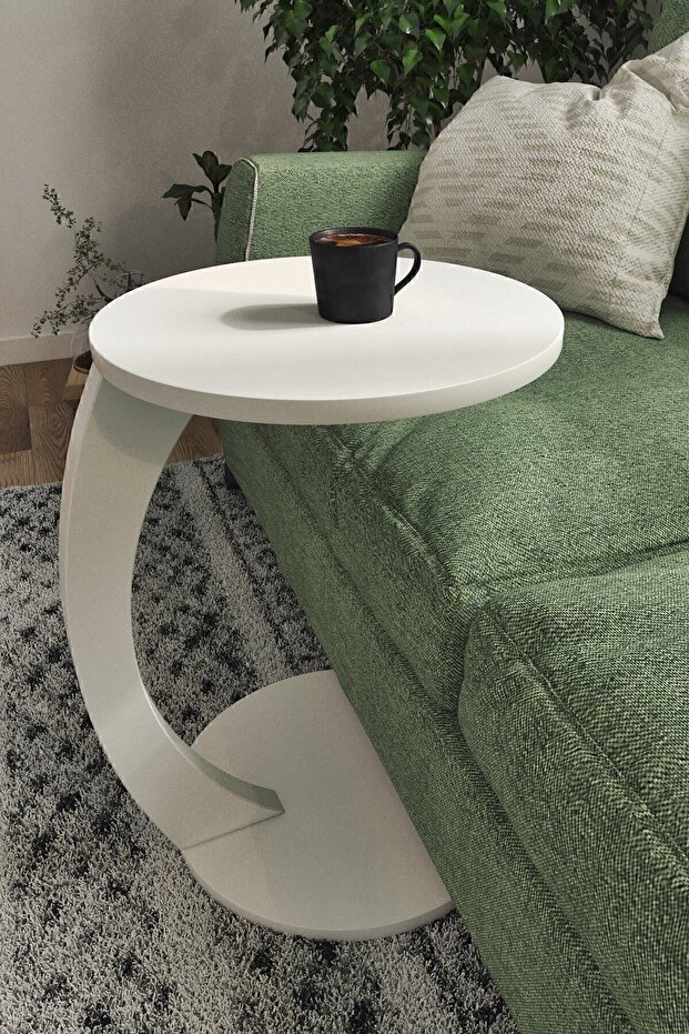 C-shaped Round End Table With Rolling Wheels - White - 1