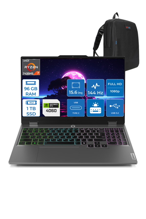 Loq Ryzen 7 7435HS 96GB 1tb SSD 8GB/RTX4060/105W WIN11PRO 15.6" Fhd 144Hz LQ83JC00E7TRP26 +ZETTACNT - 1