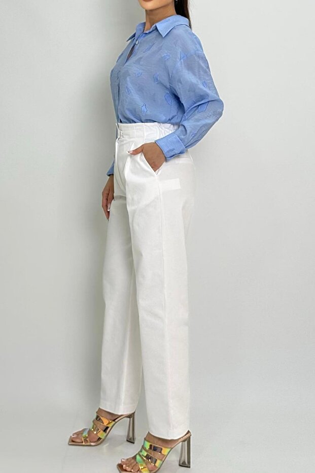 Beli elastik tek düğmeli pantolon - 3