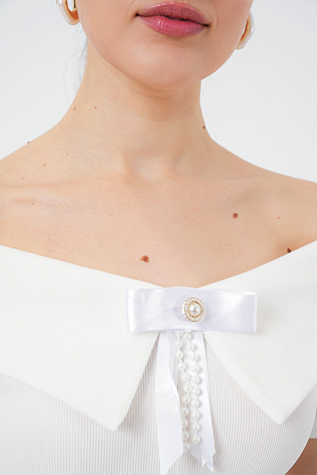 Kurdele Detaylı Örme Bluz 949 - Beyaz - 4