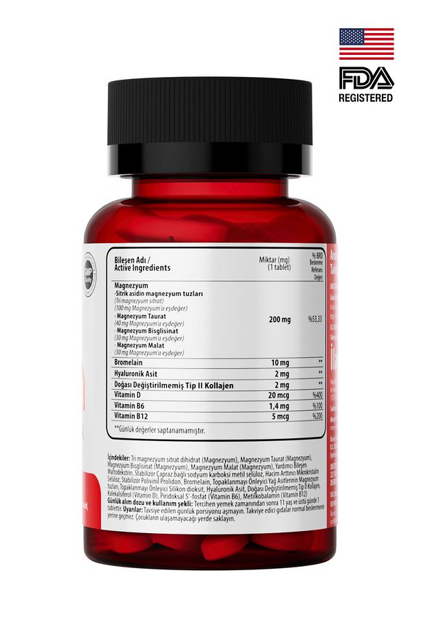 MAGNEZYUM X4 COMPLEX CİTRATE, TAURATE, BİSGLYCİNATE, MALATE + BROMELAİN + KOLAJEN+ H.ASİT+D+B12+B6 - 3