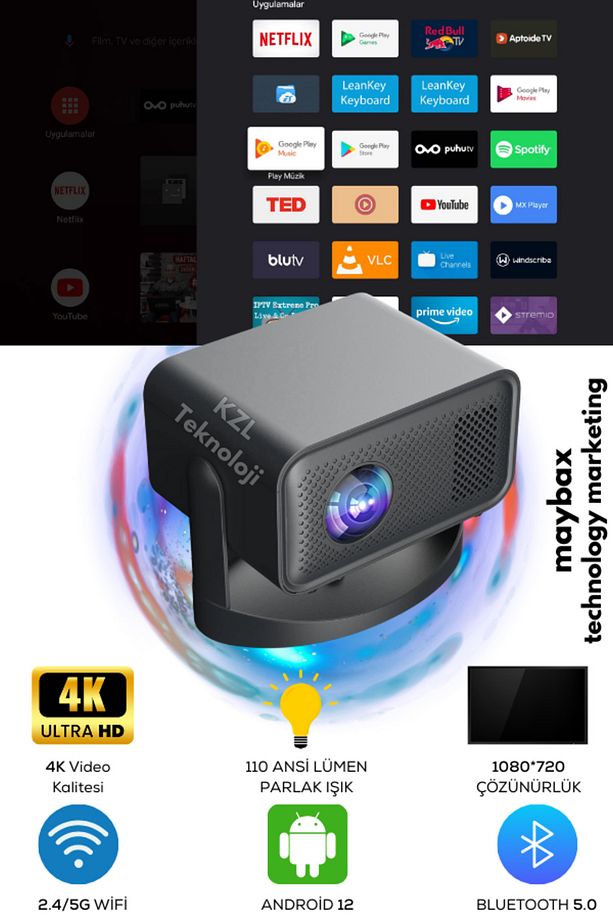 Taşınabilir Mini Android Projeksiyon Sinema Projeksiyon Cihazı 150inç Wifi Bluetooth Ekran Yansıtma - 1