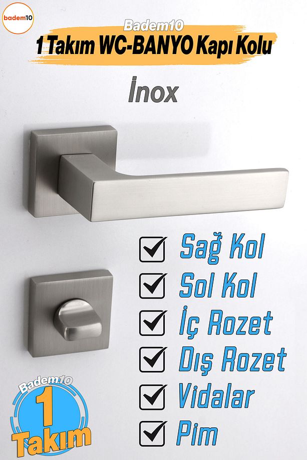 (1 TAKIM) Kilitlenebilir Paytak Inox Wc-banyo Kapı Kolu Kare Rozetli Sağa Sola Uygun Iç Dış Kapısı - 1