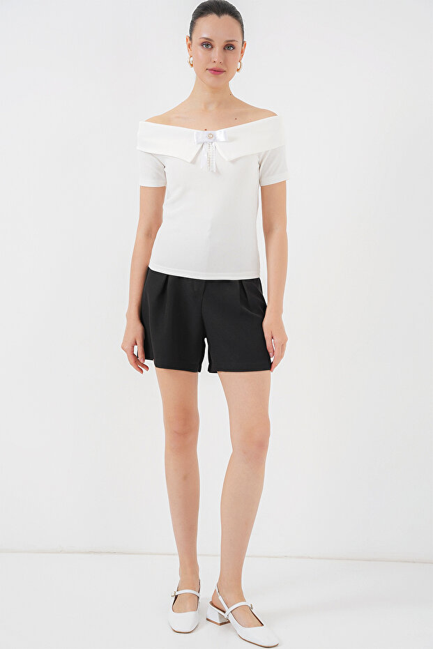 Kurdele Detaylı Örme Bluz 949 - Beyaz - 2